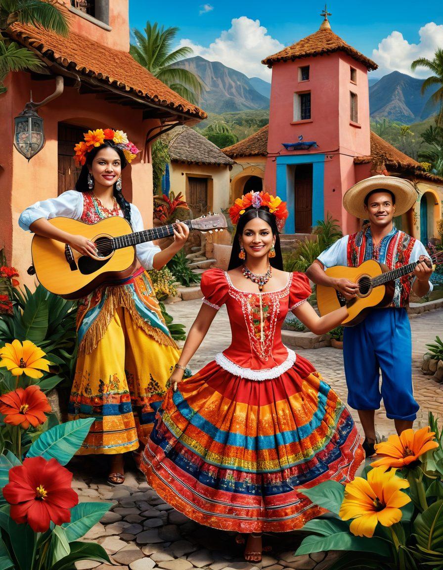 A vibrant collage illustrating the rich tapestry of Latin heritage, featuring traditional dancers in colorful costumes, intricate folk art patterns, and a warm community gathering scene. Incorporate symbols of music, such as guitars and maracas, along with elements of nature like tropical flowers. The background should reflect a historic village with festive decorations. super-realistic. vibrant colors. 3D.
