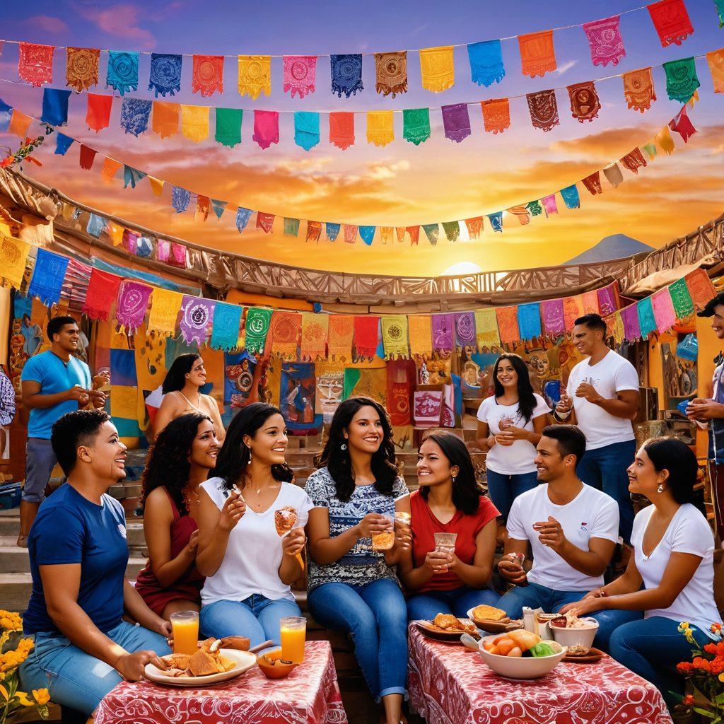 A vibrant mural depicting diverse Latinx individuals sharing stories, surrounded by symbols of heritage like papel picado, maracas, and traditional food. A backdrop of colorful flags and a warm sunset sky, radiating a sense of community and celebration. Include elements that represent various Latin American cultures, showcasing unity in diversity. super-realistic. vibrant colors. 3D.