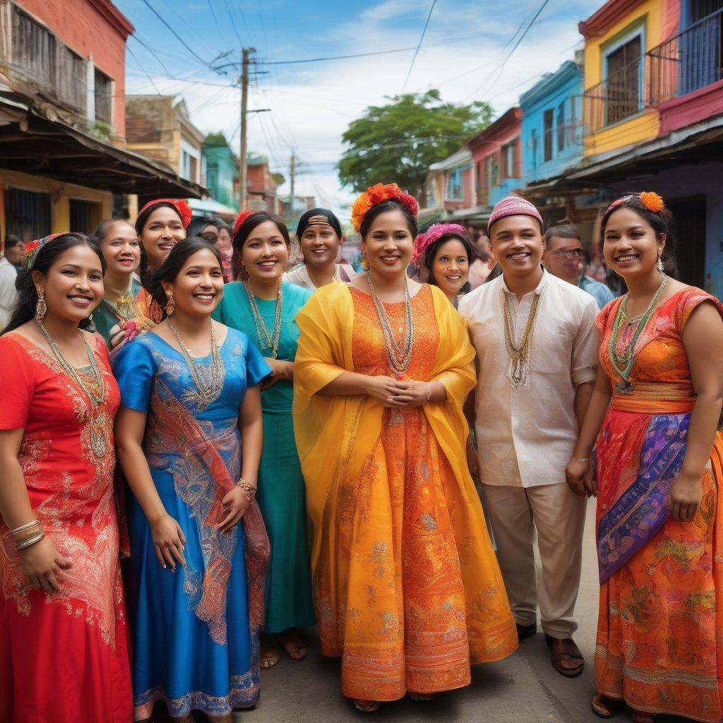 A vibrant, diverse group of Blatino individuals sharing their stories in a colorful community setting. Each person represents different backgrounds and cultural elements through attire, expressions, and gestures, emphasizing connection and empowerment. Include elements like traditional decorations and urban art in the background to enhance the narrative. The atmosphere should feel uplifting and inspiring, celebrating unity and heritage. vibrant colors. super-realistic.